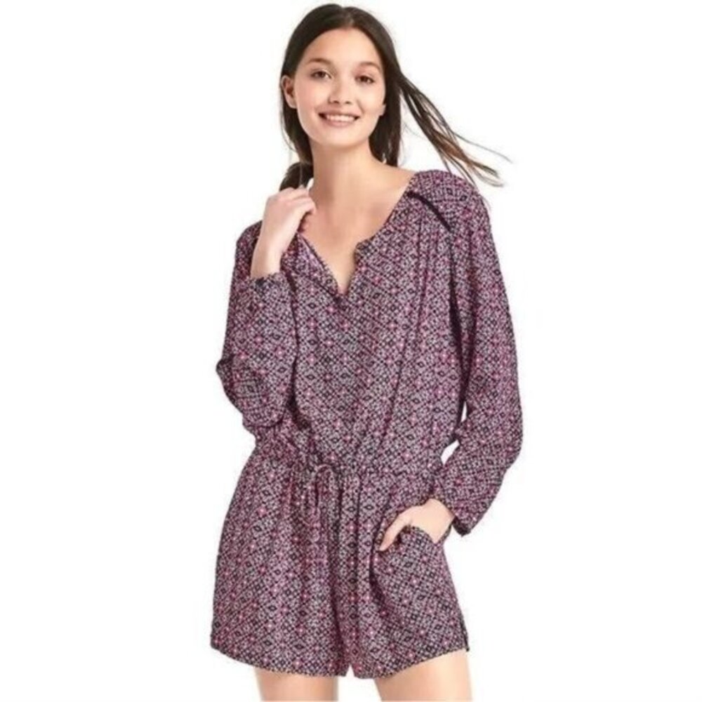 Gap red pink geometric floral long sleeve blouson romper M